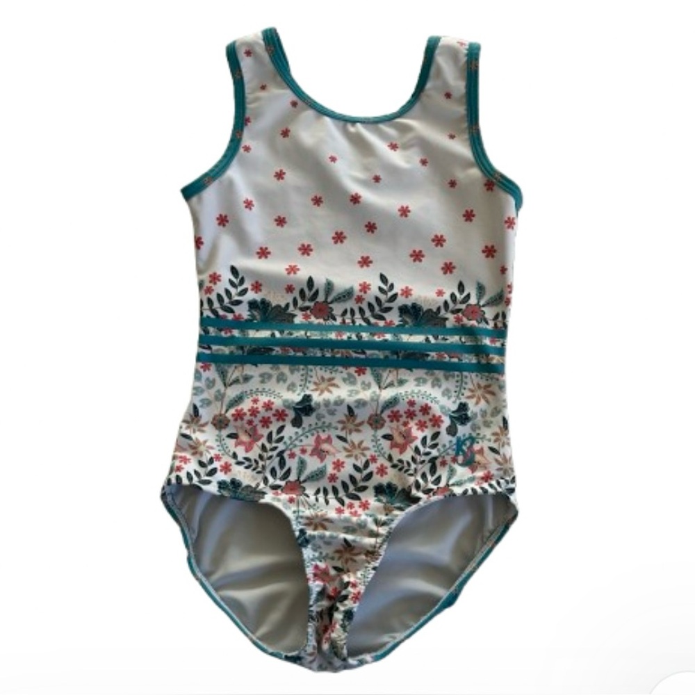 K-bee Girls Floral Leotard Teal White 10/11